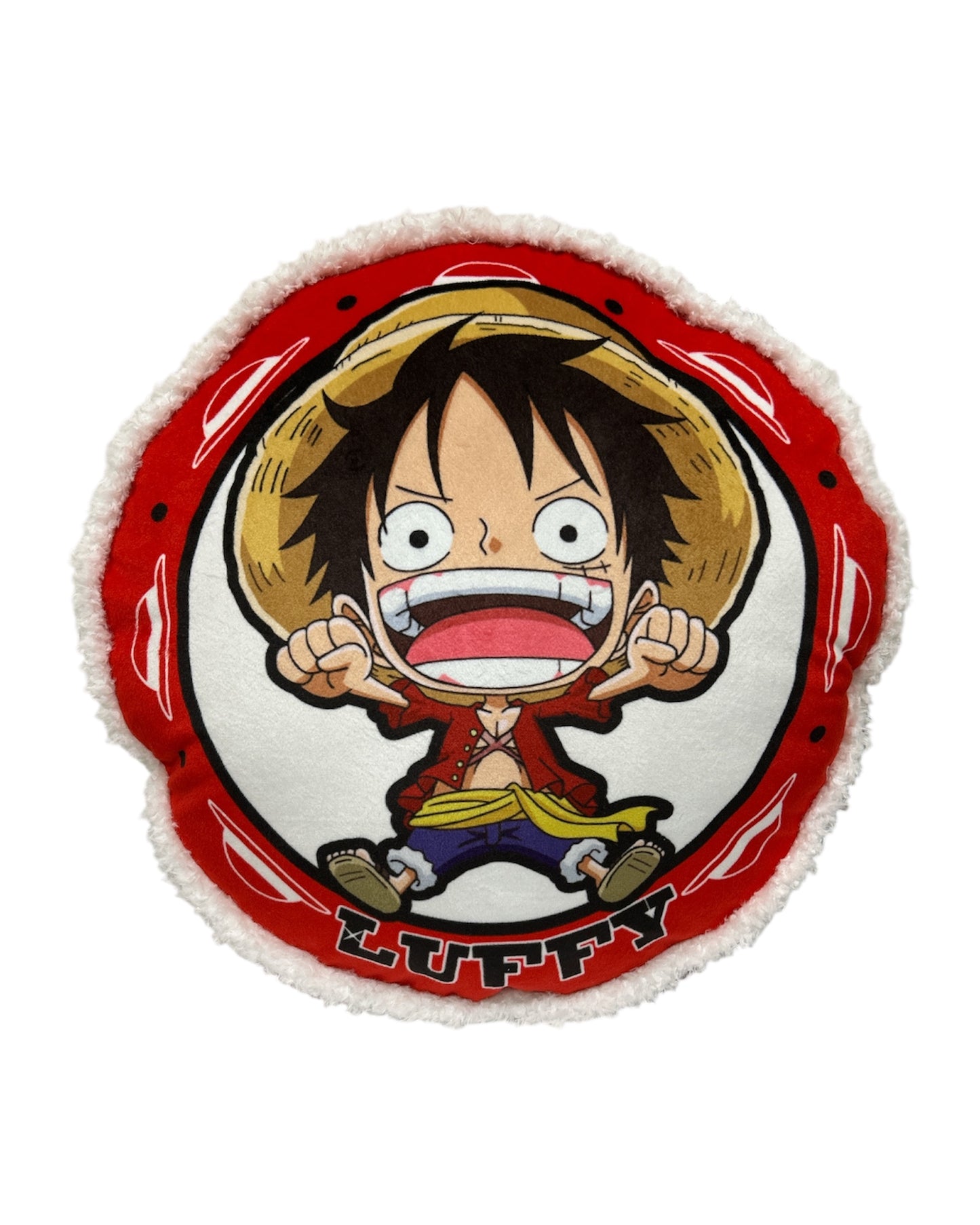 One Piece - Luffy double-sided round throw pillow, fluffy edges, and center hand space